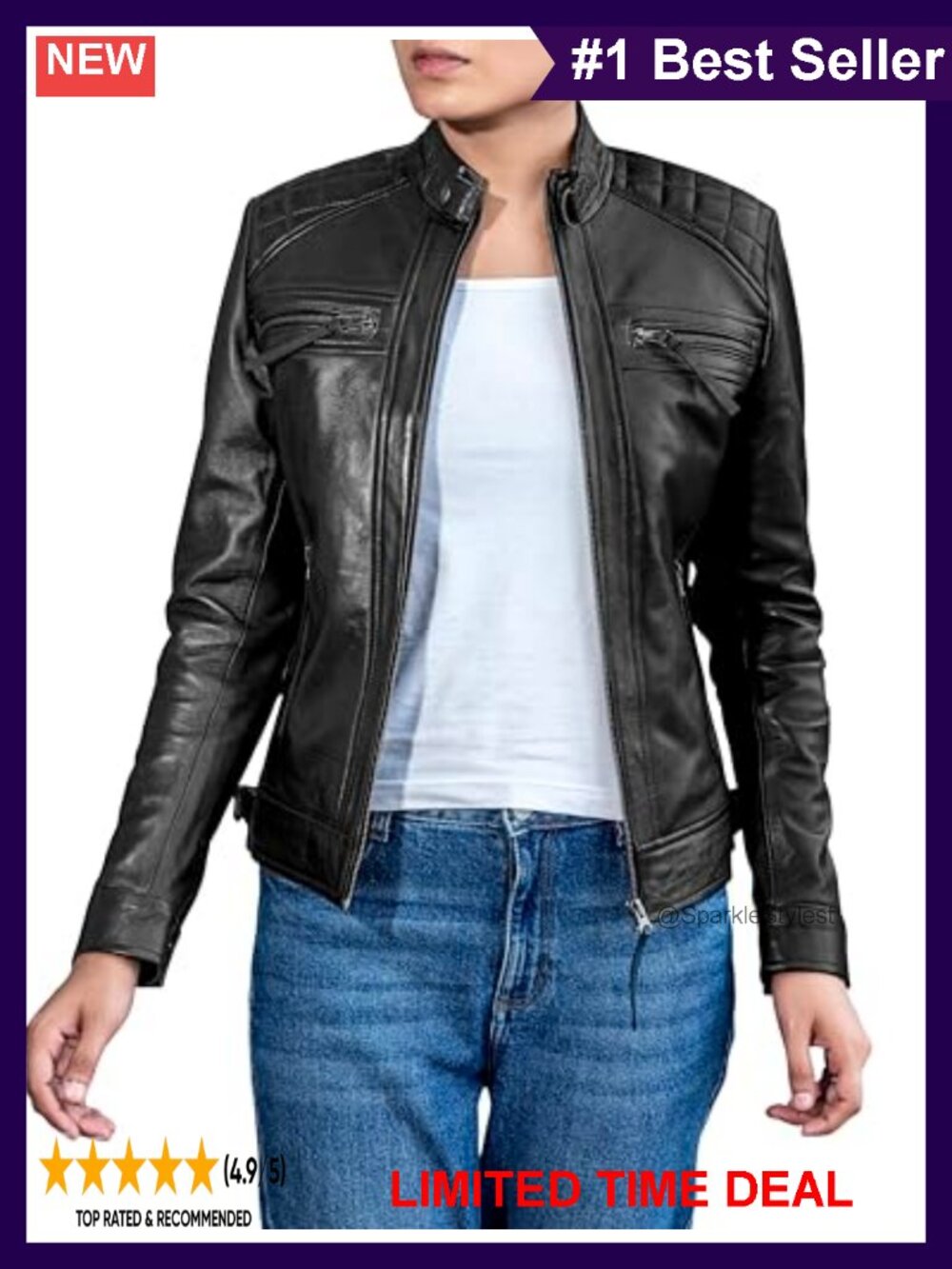Jild Quilted Lambskin Leather Jacket Women Cafe Racer Biker Moto